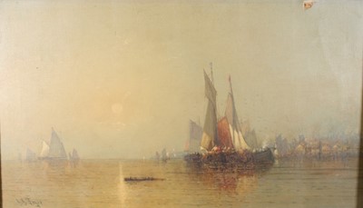 Lot 1050 - George G Fryer - Harbour scene at dusk, oil on...