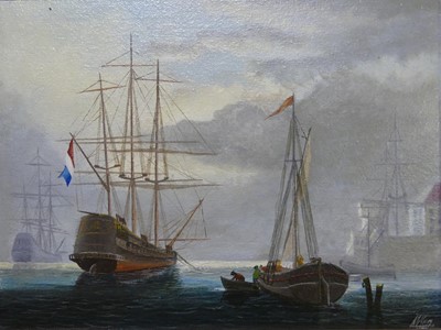 Lot 1087 - M King? - Tall ships at anchor, oil on board,...