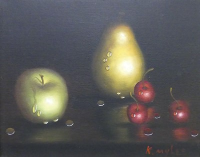 Lot 1097 - Kay Myles - a still life of fruit, oil on...