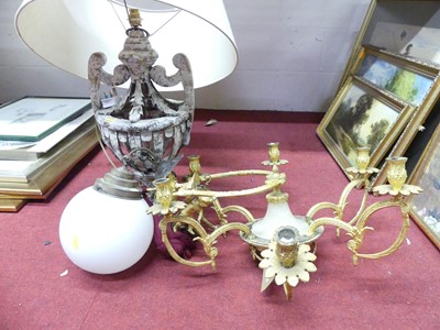 Lot 1065 - A gilt metal six-light ceiling pendant,...
