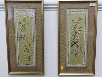Lot 502 - A pair of Japanese framed silk and needlework...