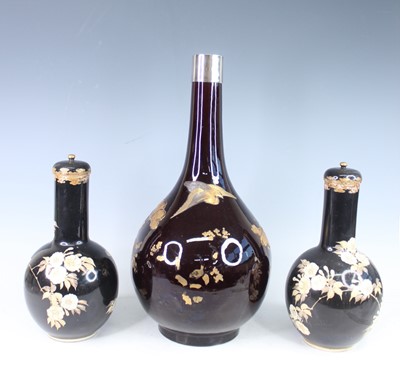 Lot 2 - Three Japanese black-ground vases, mid-20th...