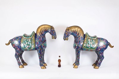Lot 10 - A pair of Chinese cloisonné horses, 20th...