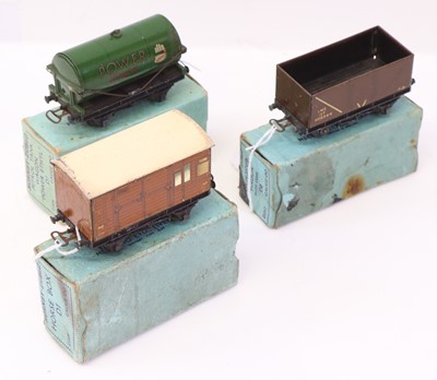 Lot 398 - Three Hornby-Dublo pre-war goods wagons, pale...