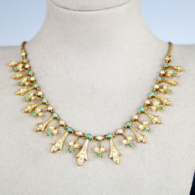 Lot 2033 - A yellow metal, turquoise and pearl fringe...