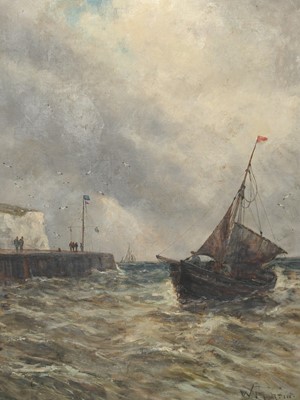 Lot 1021 - W. Martin - Boats coming in to harbour, oil on...