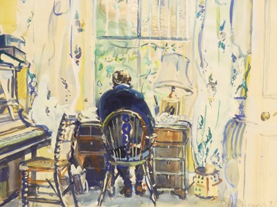 Lot 1044 - Sarah Thompson - Interior scene, watercolour,...