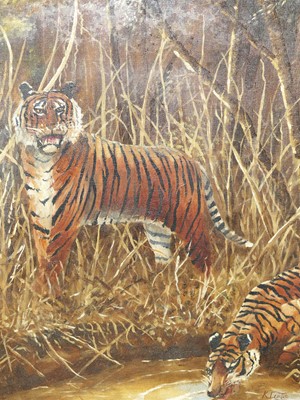 Lot 1059 - K. Curtis - Tigers by a Pool, oil, signed...