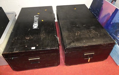 Lot 1081 - Two black painted metal trunks, each w.91cm,...