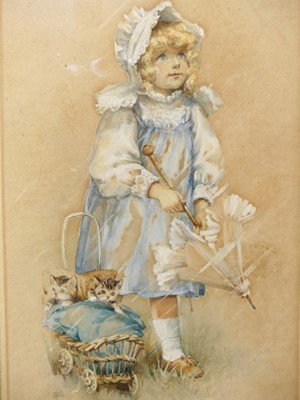 Lot 1113 - E.A. Burton - Girl with kittens, watercolour...