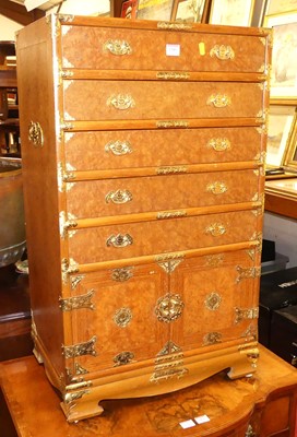 Lot 1205 - A contemporary oriental burr walnut and brass...