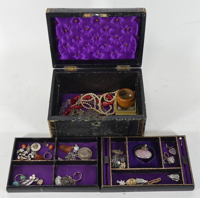 Lot 450 - A Victorian black leather jewellery box,...
