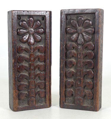 Lot 28 - A pair of oak panels, relief carved with...