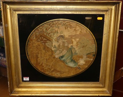 Lot 406 - A Victorian silkwork panel of a young couple...
