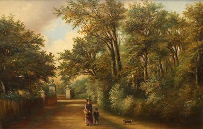 Lot 419 - L Sheppard - Mother & son with dog, in a...