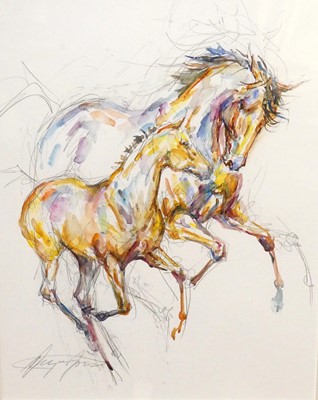 Lot 421 - Jacquie Jones - Rearing Horses, pencil &...