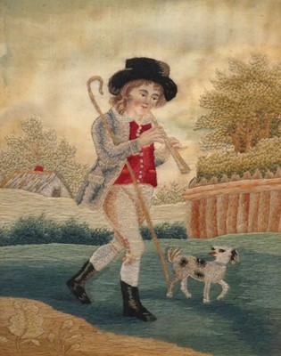 Lot 449 - A mid 19th century silkwork panel of boy with...