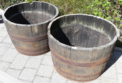 Lot 717 - A pair of coopered oak and steel bound large...