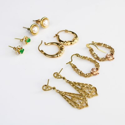 Lot 392 - Five pairs of modern 9ct gold earrings, each...