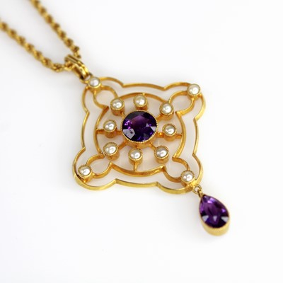 Lot 2155 - An Edwardian 15ct gold amethyst and seed pearl...