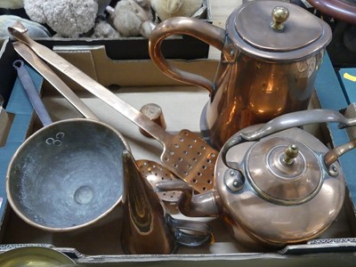Lot 106 - An Arts & Crafts copper pan raised on three...