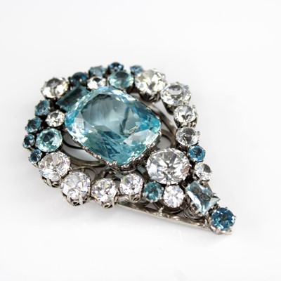 Lot 2171 - A white metal aquamarine and zircon clip...