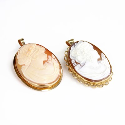 Lot 2176 - Two 9ct yellow gold oval carved shell cameo...