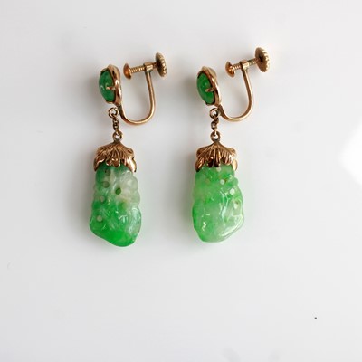 Lot 2220 - A pair of yellow metal and carved jade ear...