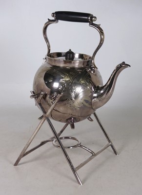 Lot 37 - Circa 1900 silver plated spirit kettle on...