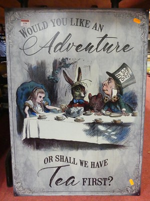 Lot 159 - A printed tin sign "Shall We Have Tea First?",...