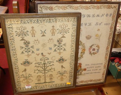 Lot 458 - A Victorian needlework sampler - Adam & Eve,...