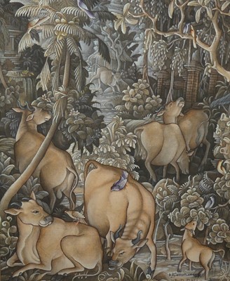 Lot 484 - A contemporary Balinese acrylic on canvas; Tom...