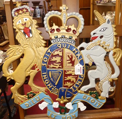 Lot 491 - Cast iron painted royal coat of arms, 50x50cm