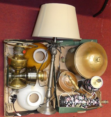 Lot 171 - Two boxes to include a brass pedestal oil lamp,...