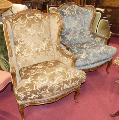 Lot 651 - A pair of French walnut framed floral fabric...