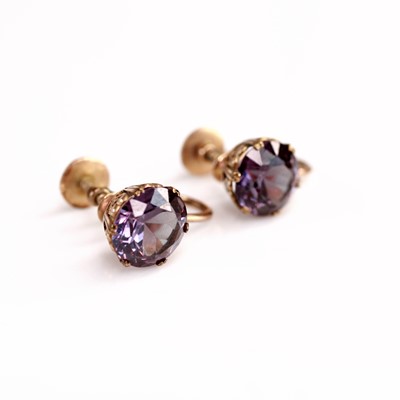 Lot 365 - A pair of 9ct gold amethyst set ear clips with...