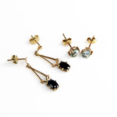 Lot 372 - A pair of yellow metal blue topaz set ear...