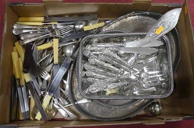 Lot 195 - Assorted loose flatware, silver plated trays etc