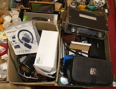 Lot 205 - Two boxes of assorted cameras, vintage radios,...