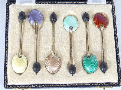 Lot 235 - Two cased sets of six coffee spoons, each with...