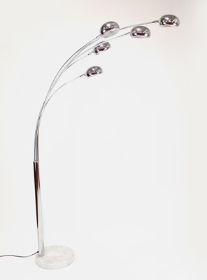 Lot 378 - A pair of contemporary chrome five-branch arc...