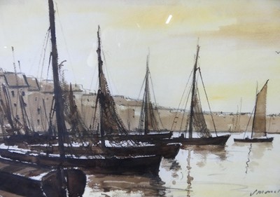Lot 564 - S. Monelus(?) - Harbour scene, watercolour,...