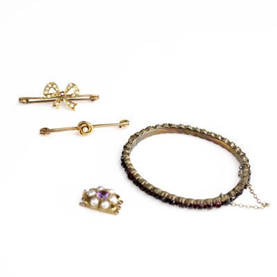 Lot 322 - Two 9ct gold seed pearl set safety pin bar...
