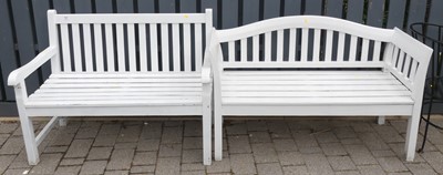 Lot 759 - Two similar white painted slatted teak...
