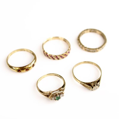Lot 239 - Five rings, comprising a 9ct yellow gold,...