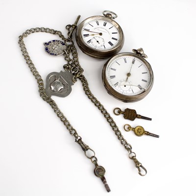 Lot 244 - Two silver open face keywind pocket watches,...