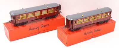 Lot 90 - Two Hornby 0 gauge No. 2 saloon coaches in LMS...