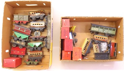 Lot 195 - Two trays containing various Hornby 0 gauge...