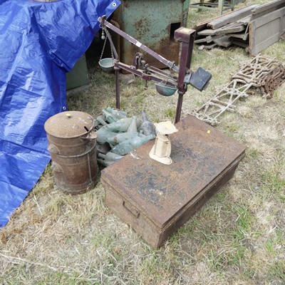 Lot 664 - A mixed lot to include balance scale, tin box,...