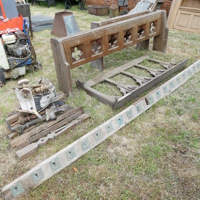 Lot 586 - Two part oak pews, with part prayer-kneeler,...
